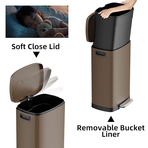 KdbK 13 Gallon Trash Can with Lid, 50L Fingerprint Proof Stainless Steel Kitchen Trash Can with Removable Inner Bucket and Lid Soft Close, Pedal Rubbish Bin for Home Office, Brown - Image 3