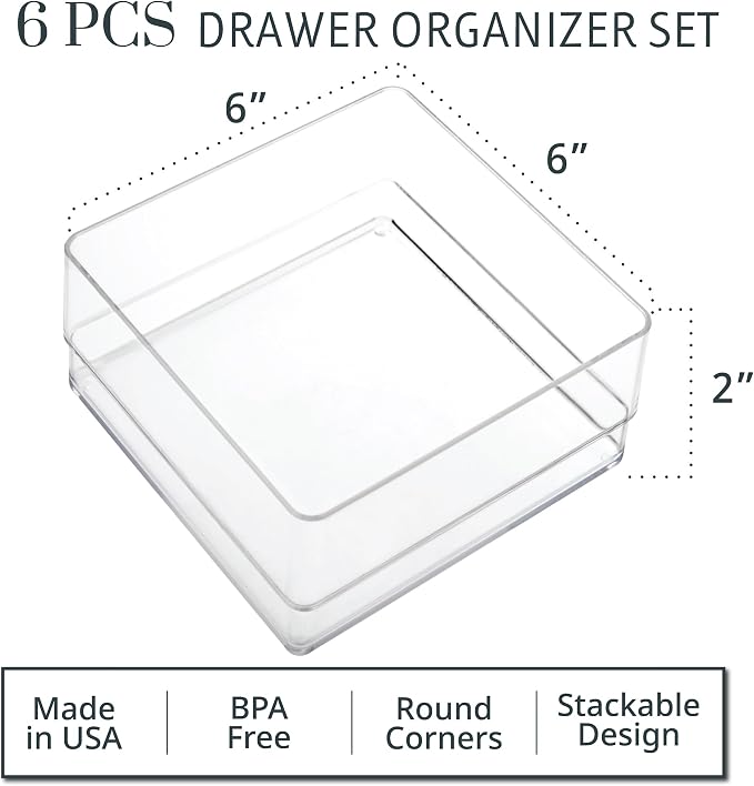 STORi SimpleSort 6-Piece Stackable Clear Drawer Organizer Set | 6" x 6" x 2" Square Trays | Small Makeup Vanity Storage Bins and Office Desk Drawer Dividers | Made in USA - Image 2