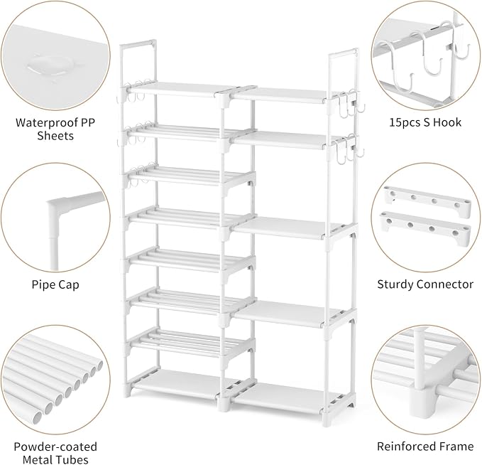 ROJASOP White Shoe Rack, Tall Metal Shoe Rack Organizer for Entryway Closet Garage, 8 Tier Large Shoe Shelf for 26-32 Pairs Boots & Shoes Storage, Space Saving Heavy Duty Shoe Stand - Image 5