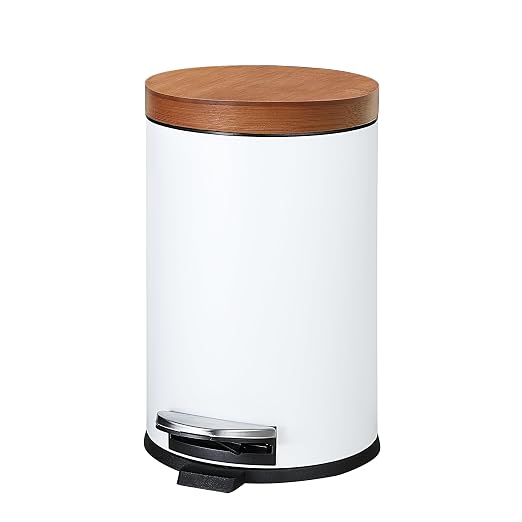 SunnyPoint Elite Bamboo Lid 4.5 Liter (1.2 Gallon) Round Trash Can with Plastic Inner Bucket; Bathroom, Office, Kitchen and Bedroom Step On and Slow Close (White) by SunnyPoint