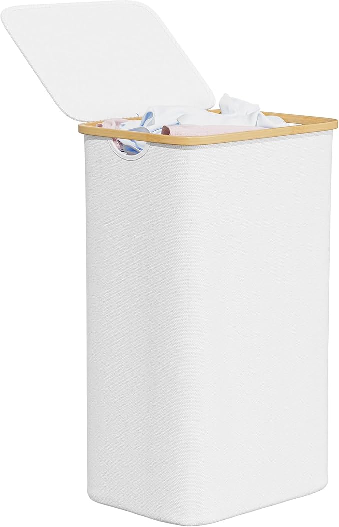 SpaceAid Laundry Hamper with Lid, 110L Large Tall Clothes Basket Bin with Bamboo Handles, Collapsible Laundry Hamper for Bedroom, Bathroom, Dorm, Laundry Room - White by SpaceAid