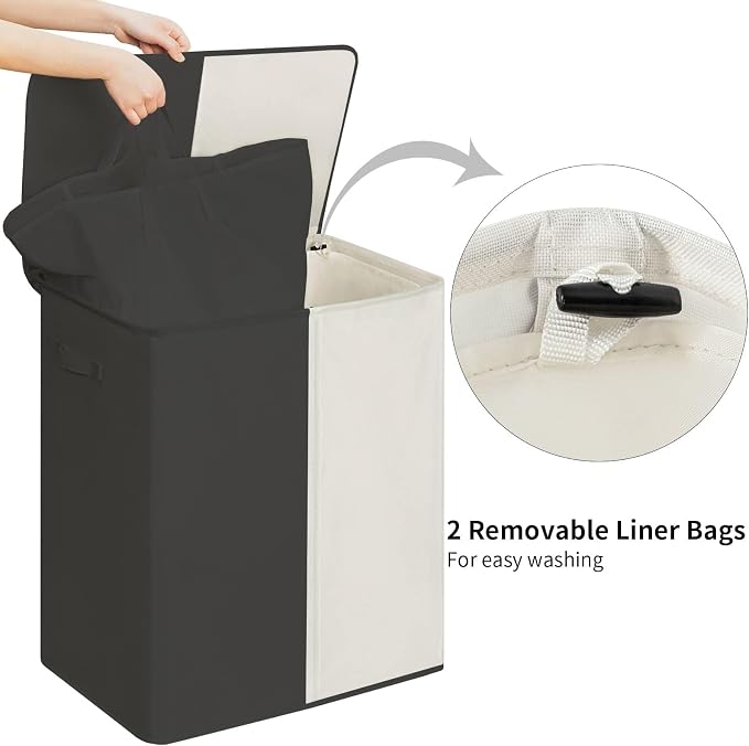 WOWLIVE Double Laundry Baseket with Lid and Removable Laundry Bags,154L Large Laundry Hamper 2 Section Collapsible Dirty Clothes Hamper for Laundry Room,College Dorm,Bathroom,Black and Beige - Image 2