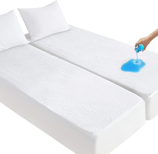 Split King Mattress Protector for Adjustable Bed Waterproof Split King Sheets Fitted up - 14'' Terry Mattress Pad Cover Protector Machine Wash, White