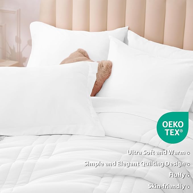 Twin Comforter Set White - Bed in a Bag Twin Size 5 Pieces, Soft Bedding Set for All Seasons, Premium College Dorm Comforter Set with Comforter, 1 Sheet, 1 Pillowcase & 1 Sham