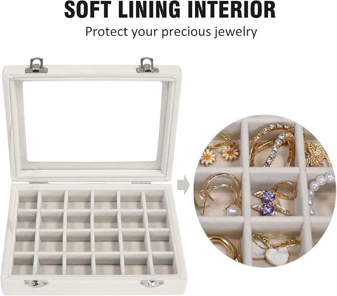 Vicoter Velvet Jewelry Box 24 Grid Jewelry Ring Display Organiser Box Tray Holder Earrings Storage Case for Girls Wife Mom Women (Beige) - Image 3