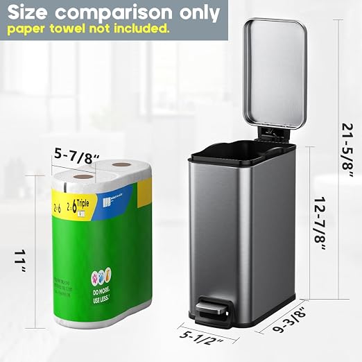 Slim Bathroom Trash Can with Lid Soft Close, 1.6 Gallon Stainless Steel Garbage Can with Removable Inner Bucket, Durable Step Pedal, Small Trash Bins for Toilet, Bedroom, Kitchen, Office - Image 3