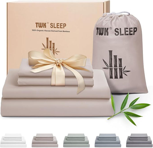 TWK Luxury Sheet Set, Genuine 100% Organic Viscose Derived from Bamboo, Cooling & Breathable, Silky Soft, Bedding Sheets & Pillowcases (Sand, Full)