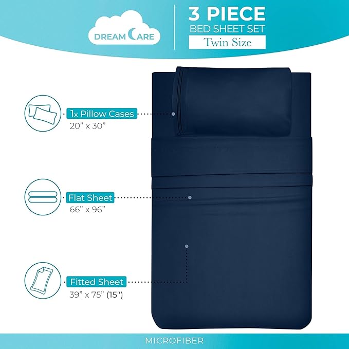 DREAMCARE Twin XL Sheet Sets - 3 pcs Breathable Cooling Bed Sheets - up to 21" Extra Deep Pocket Twin XL Sheets Set with Side Pockets - Extra Soft 100% Brushed Hypoallergenic Hotel Luxury -Navy Blue