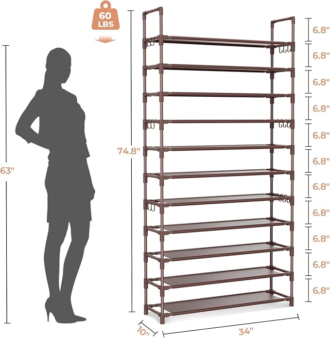 LANTEFUL 11 Tiers Tall Shoe Rack Holds 55 Pairs of Shoes with 18pcs Hooks Sturdy Wide Shoe Organizer Storage Free Standing Metal Shoe Shelf for Closet, Entryway Brown - Image 3