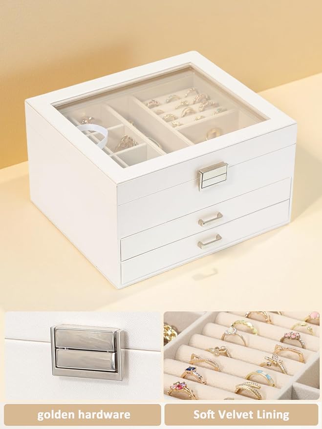 Clear Lid Jewelry Box,3 Layers Jewelry Organizer Large Multi-Functional Jewelry Storage Box with 2 Drawers,Jewelry Display Case of Rings Earrings Necklace Bracelets for Women Girls (Light gold) - Image 2