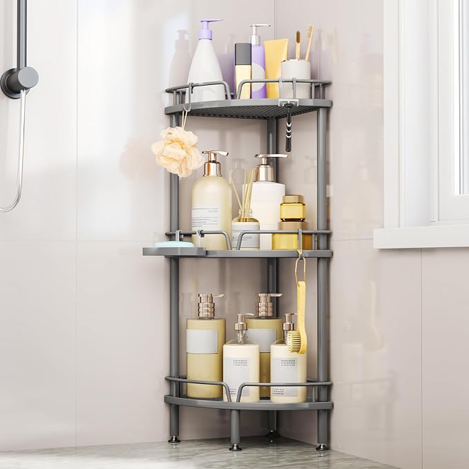Consumest Corner Shower Caddy Stand - 3 Tier Shower Organizer with Soap Holder, Tall Floor Corner Shelf Standing with Adjustable Feet & 4 Hooks, Storage Rack for Bathroom Grey by Consumest