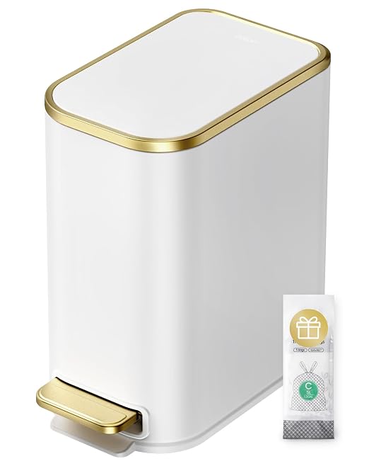 Cesun Small Bathroom Trash Can with Lid Soft Close, 5 Liter/1.3 Gallon Stainless Steel Garbage Can with Removable Inner Bucket, Step Pedal, Slim Waste Basket for Toilet, Office, Bedroom (White&Gold) by Cesun