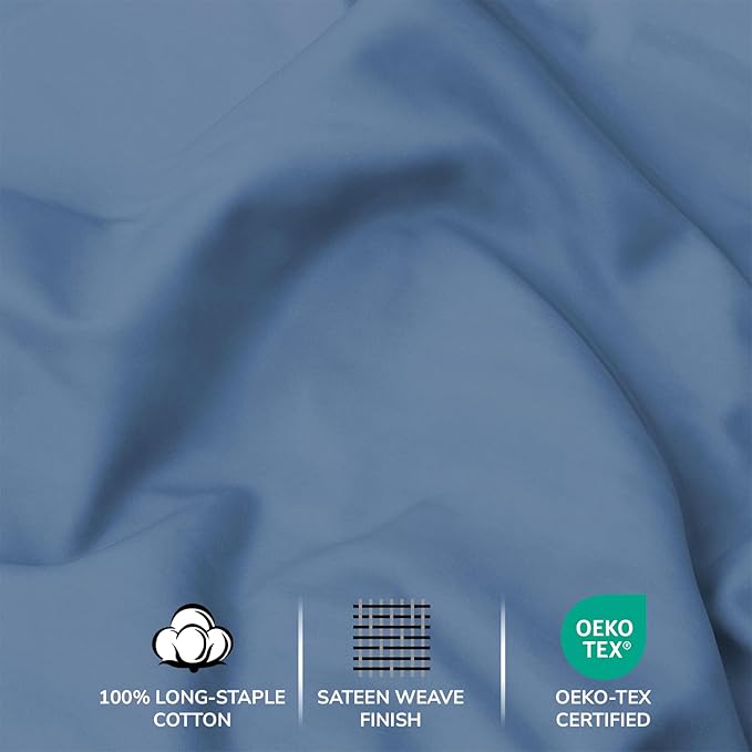 Feather & Stitch 500 TC California King Size 4pc Damask Bed Sheet Set, 100% Soft Cotton Breathable Bedsheets, 18" Deep Pockets Sateen Weave Solid Bedding Mattress - (Mist Blue)