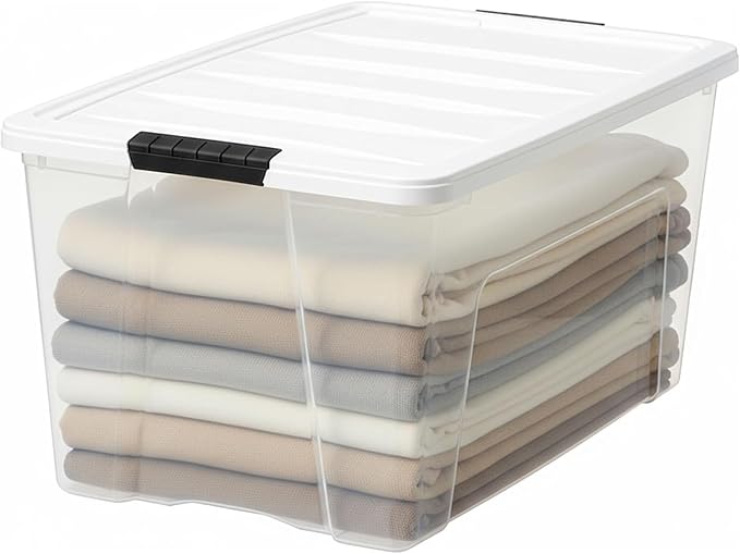 IRIS USA 72 Qt Stackable Plastic Storage Bins with Lids, 8 Pack - BPA-Free, Made in USA - See-Through Organizing Solution, Latches, Durable Nestable Containers, Secure Pull Handle - Clear/White - Image 6