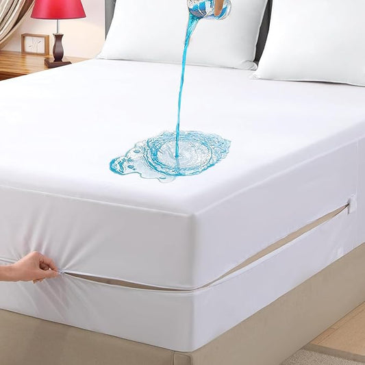 Twin XL Waterproof Zippered Mattress Encasement, Breathable, Noiseless, Machine-Washable Zipped Mattress Cover, Fitting 7" - 13" Deep Mattress