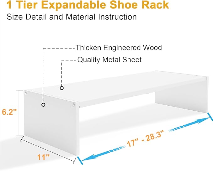 Cidaziya Expandable 1 Tier Shoe Rack for Shoe Cabinet, 1 Tier Stackable White Shoe Shelf Organizer for Closet, Sturdy Metal and Wood Structure, Hold 4-6 Pairs of Shoes - Image 2