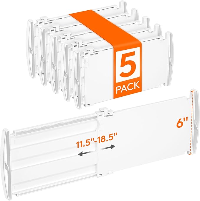 Lifewit 6" Tall 5 Pack Drawer Dividers, 30-47cm/11.5-18.5" Expandable Drawer Divider for Clothes, Adjustable Dresser Drawer Organizers, Drawers Separators for Dresser/Bathroom/Closet/Kitchen White by Lifewit