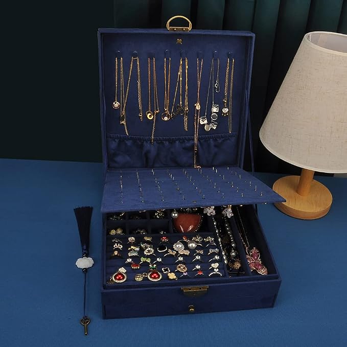 Women Jewelry Box Lockable 3 Layers Large Jewelry Organizer Storage Case for Earrings Necklaces Rings Bracelets,Green Display Jewel Holder (Navy) - Image 2