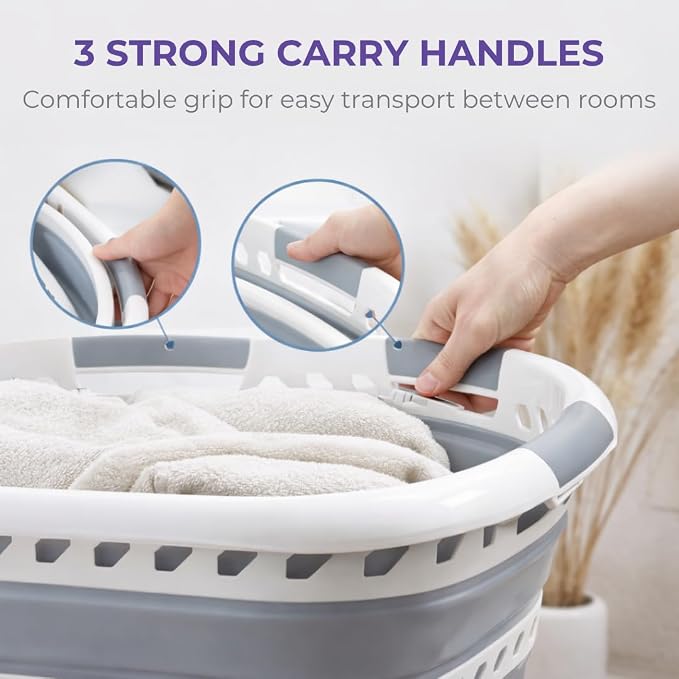 Laundry 360 Collapsible Laundry Basket 40L | Portable | Space Saver Storage | Hold 2 Loads | Store Under the Bed or Closet | Good for Kids | Dorm | Bedroom | Large | White/Grey - Image 4