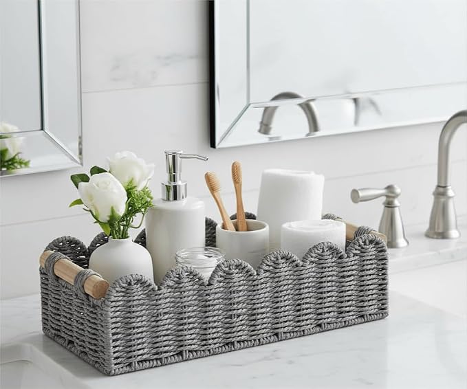 CubesLand Scalloped Edge Toilet Paper Storage Basket, Living Room Home Cozy Decor Basket, Paper Rope Small Baskets for Over Toilet Storage Shelf, End Table, Shelves, with 2 Wooden Handles, Grey - Image 3