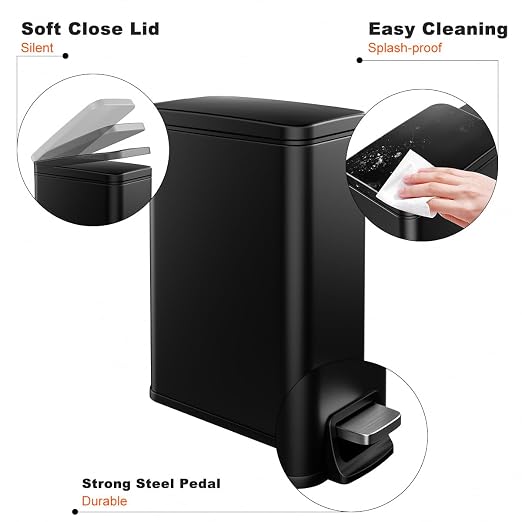 Bathroom Trash Can with Lid Slim 1.6 Gallon Stainless Steel Garbage Can with Removable Inner Bucket Soft Close Lid Durable Step Pedal Trash Bins for Toilet Bedroom Office (Matte Black, 1.6 Gallon) - Image 4