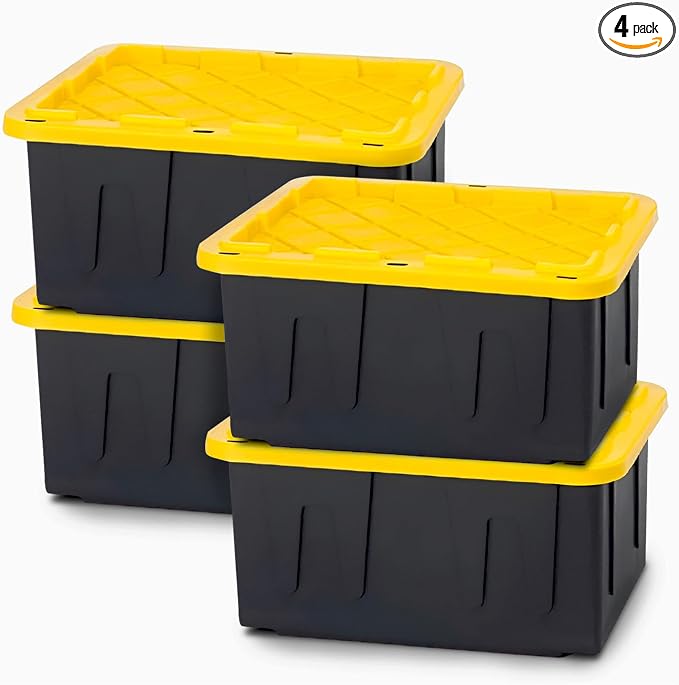 HOMZ 4-Pack Durabilt Tote, Heavy Duty Plastic Storage Bins with Lids, 15 Gallon, Black/Yellow - Stackable Organizing Containers for Home, Garage, and Office by Homz