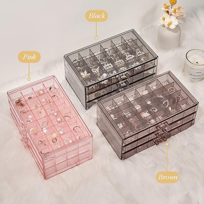 YUFONG Earring Storage Box Organizer 3 Drawers Acrylic Jewelry Storage Box Holder Transparent Jewelry Display Stand with 72 Small Compartments Gift for Women Girls (Clear Pink) - Image 7