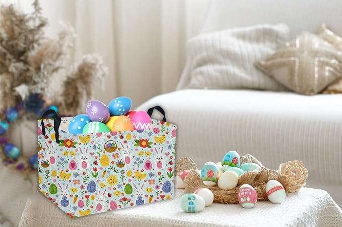Easter Basket for Kids Gift Bunny Baskets Empty Baby Basket for Boys and Girls Rectangular Toy Storage Bins Organizer Bin Box Cute Egg Room Decor for Home(Bule Easter) - Image 7