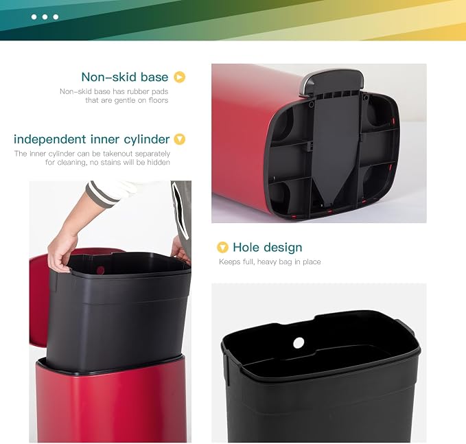 FDW | 13 Gallon Trash Can with Lid | Red | Fingerprint-Proof | Made of Brushed Stainless Steel | Soft-Close Step Pedal | Hands-Free Use | Easy to Clean | for Kitchen, Office, Bathroom - Image 4