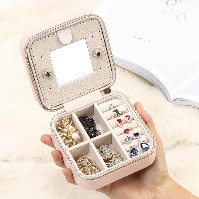 Jewelry Case with Mirror, Small Travel Jewelry Organizer, Portable Mini Storage Box for Rings, Earrings, Necklaces, Gift for Mother Mom, Girl, Daughter, Sisters, Bridesmaids, Mother's Day Gift (Pink) - Image 2