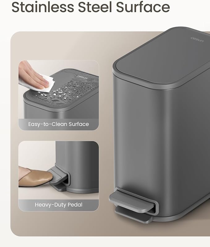 Cesun Small Bathroom Trash Can with Lid Soft Close, Step Pedal, 5 Liter / 1.3 Gallon Stainless Steel Garbage Can with Removable Inner Bucket, Waste Basket for Bathroom, Bedroom (Gray) - Image 3