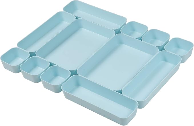Backerysupply Set Of 12 Blue Color Plastic Desk Drawer Organizers For Makeup Bathroom Office Kitchen Vanity Drawer Storage Box Container by Backerysupply