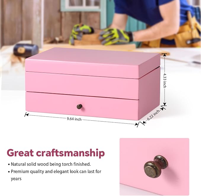 Meangood Jewelry Box Organizer for Women, 2 Layer Large Jewelry Storage Case, Rustic Wooden Jewelry Box with Mirror & Ring Tray for Necklace Earring Bracelets Rings, Vintage Style (Pink) - Image 3