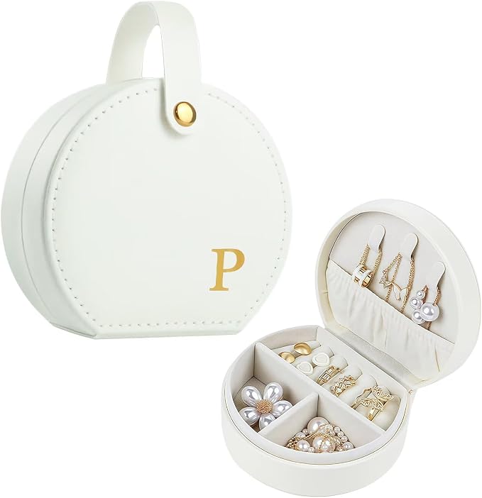Travel Jewelry Case, Elegant Half-Moon Design with Golden Accents, Detachable Handle, White Personalized Accessory Organizer, Fashion-Forward Gift for Women and Teens(P) by Yoqanr