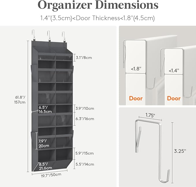 Lifewit 1 Pack Over the Door Organizer, 12 Section Clear Window Hanging Storage with 4 Side Pockets, Sturdy Anti Tilt 40 lbs Load Behind Door for Closet, Bedroom, Bathroom, Nursery, Dorm, Gray - Image 2