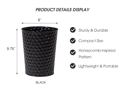 Venalys Small Metal Trash Can Wastebasket, Decorative Honeycomb Garbage Can Waste Basket, Modern Farmhouse Round Trash Bin for Bathroom, Bedroom, Kitchen and Office (Black) - Image 6