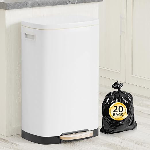 KdbK 13 Gallon Trash Can with Lid, 50L Fingerprint Proof Stainless Steel Kitchen Trash Can with Removable Inner Bucket and Lid Soft Close, Pedal Rubbish Bin for Home Office, White by trashcan