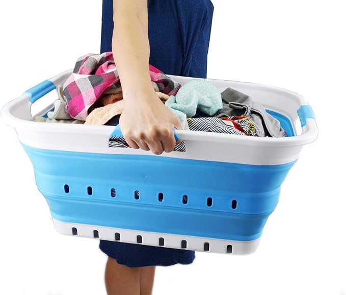 SAMMART 42L (11 gallon) Collapsible Plastic Laundry Basket - Foldable Pop Up Storage Container/Organizer - Space Saving Hamper/Basket (1, White/Marine Blue) - Image 6