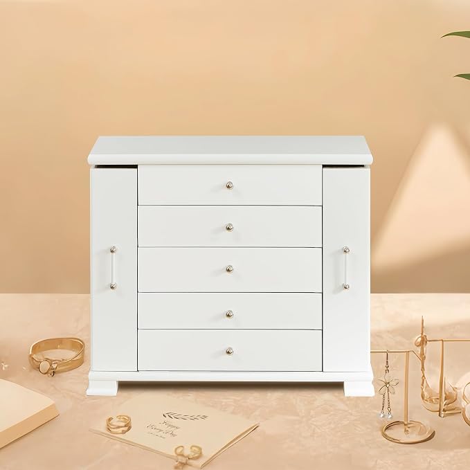 White 5 Layer Huge Jewelry Box,Top With Mirror Wooden Jewelry Organizer Box,With 8 Hook And Velvet Lining Antique Jewelry Box For Women,For Watch Necklace Ring Earring Storage Gifts - Image 8