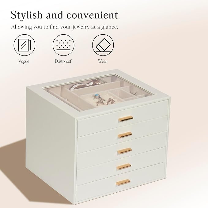 Jewelry Box with Glass Lid, 5-Layer Jewelry Organizer for Women Girls, PU Leather Display Case with 20-Grid Earring Tray & Movable Dividers for Necklaces Rings - Cloud White - Image 5