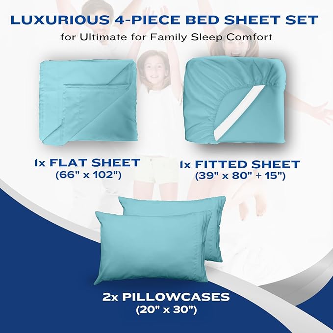 DREAMCARE Twin XL Sheet Sets - 4 pcs Breathable Cooling Bed Sheets - up to 15" Deep Pocket Twin XL Sheets Set with Side Pockets - Extra Soft 100% Brushed Hypoallergenic Hotel Luxury Bedding - Spa Blue