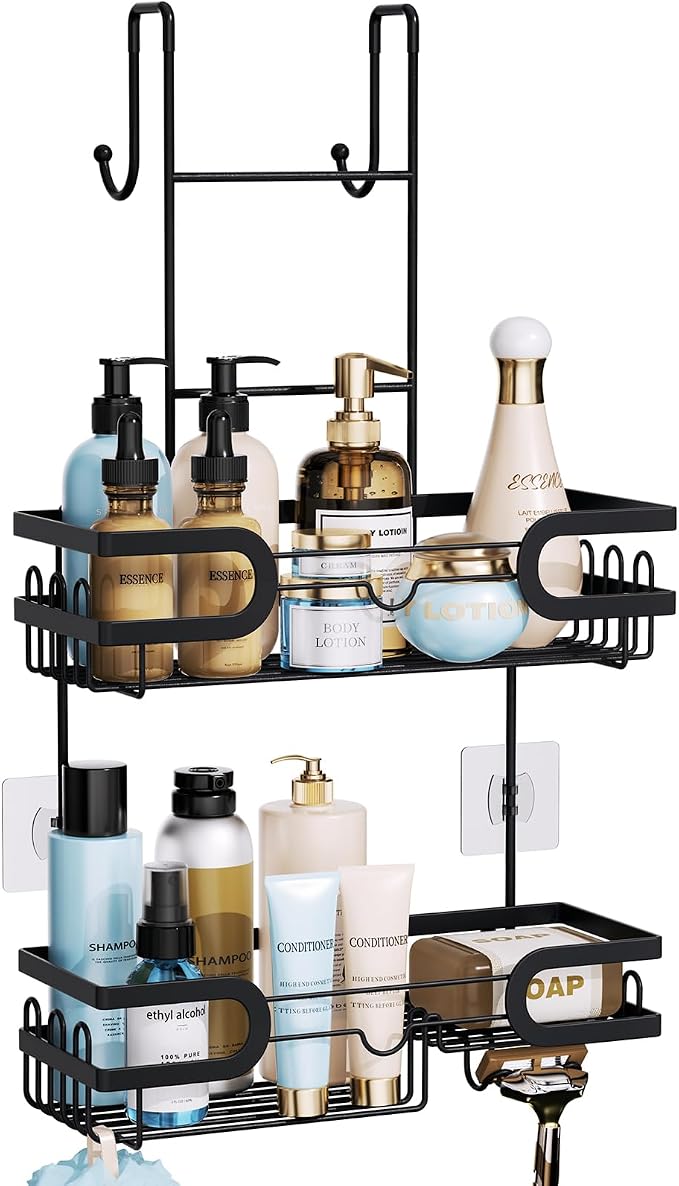 HapiRm Hanging Shower Caddy Over the Door with 14 Hooks and Soap Holder, No Drilling Adhesive Shower Storage, Rustproof & Waterproof Stainless Steel Bathroom Shelves - Black by HapiRm