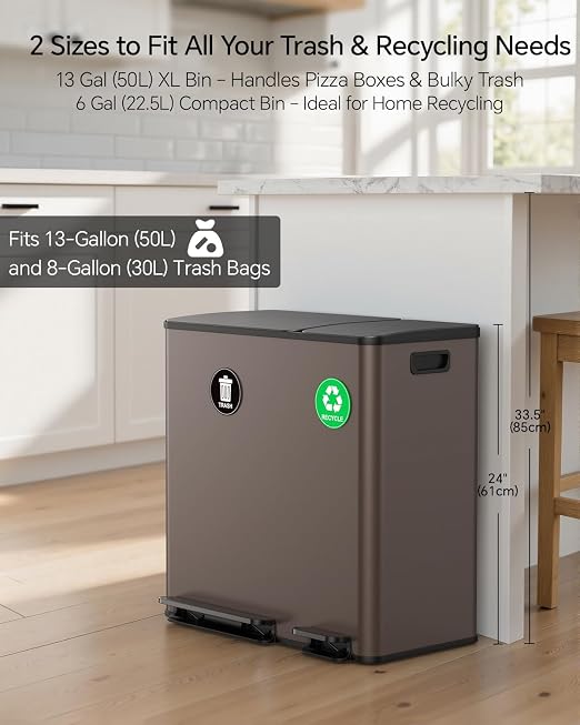 Lovewind Dual Trash and Recycling Bins for Kitchen, 13+6 Gallon Stainless Steel Garbage and Recycle Bin Combo for Large Families, Dual Trash Can with Soft Close Lid & Magnetic Stickers, Brown - Image 3