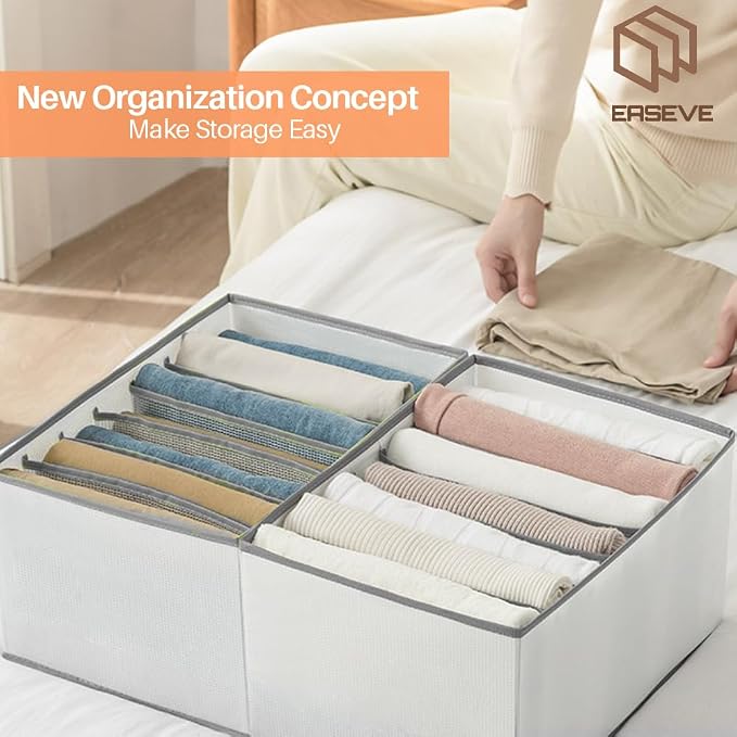 EASEVE 2 Pack Wardrobe Closet Organizer and Storage for Clothes - 7 Grids Foldable Drawer Dividers Organizers for Jeans | Pants | Shirts | Leggings, Stackable Clothing Bins for Closets Organization - Image 4