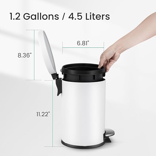 Cesun 1.2 Gallons Small Trash Can with Lid, White Bathroom Garbage Can with Foot Pedal, Mini Round Wastebasket for Bathroom, Bedroom, Office, 4.5 Liters / 1.2 Gallons, White - Image 6