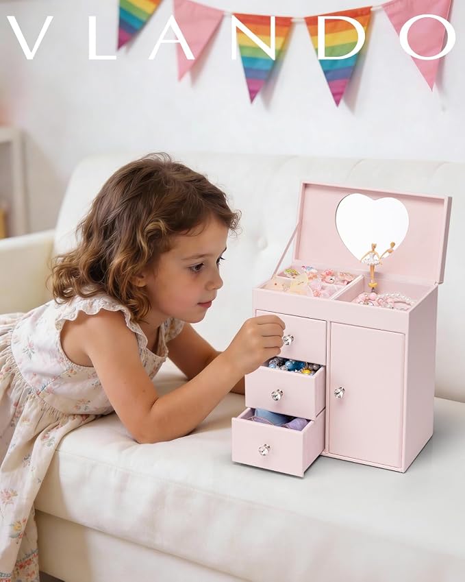 Vlando Musical Jewelry Box for Girls - Valentines Day Gift for Kid - Large Kid Music Box with Ballerina for Birthday Bedroom Decor, 4 Layer Girl Jewelry Gifts for Girls Kids - Light Pink - Image 7