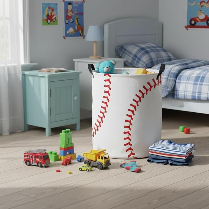 Baby Laundry Basket Baby Nursery Hamper Kids Laundry Basket Toy Storage Bin for Boys Room Decor Gift Baskets for Bedroom Bathroom(Baseball) - Image 5