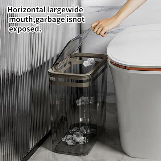 Transparent Trash Can, Bathroom Trash Cans with Lids, 3.5 Gallon Garbage Can for Bedroom, Office, Plastic Slim Waste Basket with Press Top Lid, 15L Clear Trash Bin for Home, Kitchen (Gray) - Image 6