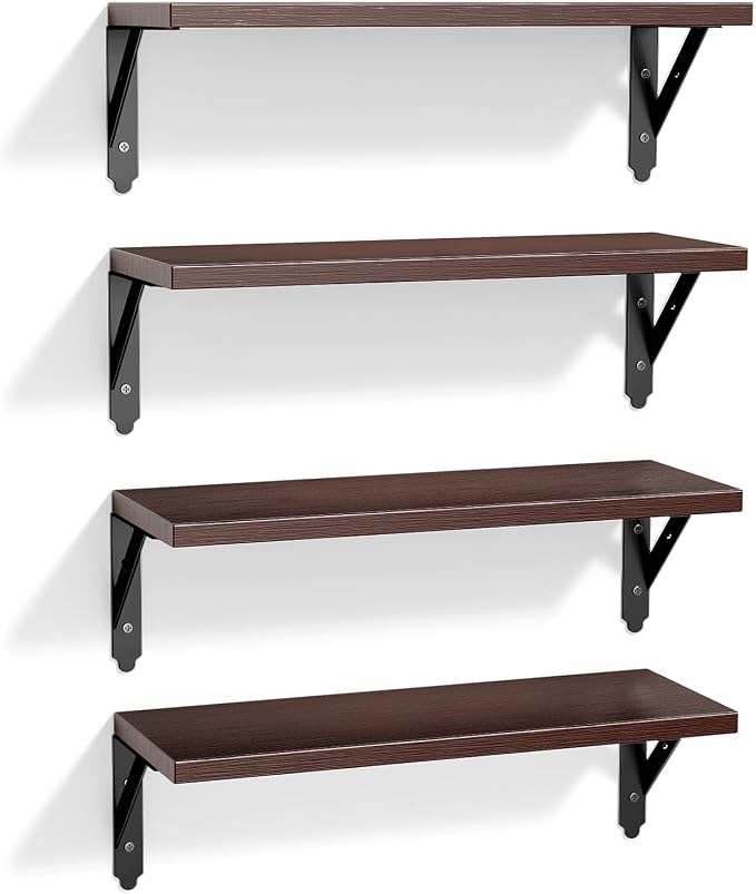 ROMGUAR CRAFT Wood Floating Shelves Set of 4, Rustic Storage Decor Wall Shelves, Wall Mounted Shelf for Living Room, Bedroom 17" x 6", Brown - Image 7