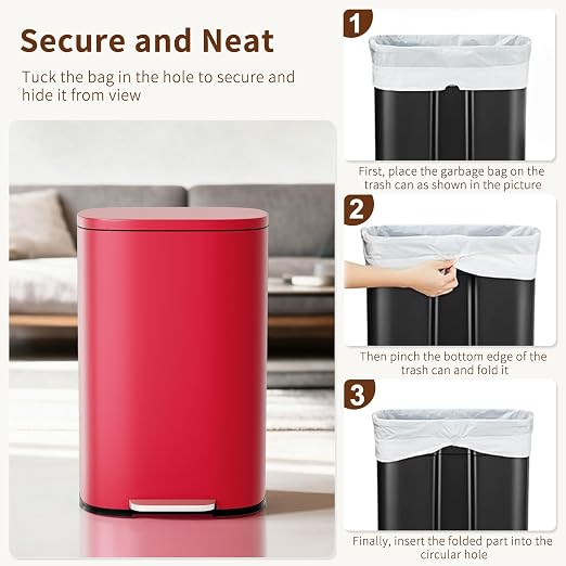 PayLessHere Stainless Steel Trash Can with Lid - Removable Inner Bucket, Foot Pedal, Soft Close for Office, Home, Kitchen (Red, 13 G) - Image 6